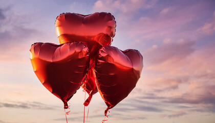 Heart shaped red balloons floating in pastel sky, soft romantic sunlight, minimal style, dreamy atmosphere, love celebration, peaceful mood, outdoor event