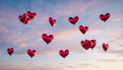 Heart shaped red balloons floating in pastel sky, soft romantic sunlight, minimal and dreamy atmosphere, symbolizing love, celebration, and happiness