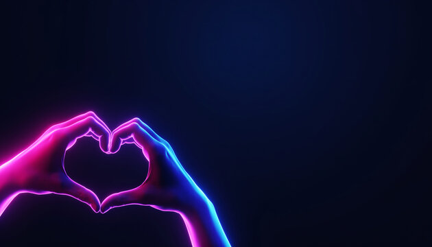 Neon heart hands gesture glowing with magenta and blue light on left side, dark background with empty space for text, modern romantic mood - Powered by Adobe