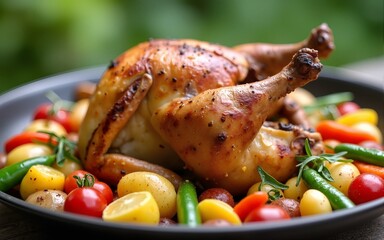 delicious roasted chicken is served with colorful array of potatoes and vegetables, showcasing vibrant meal prepared outdoors. fresh ingredients highlight joyful cooking experience. High quality
