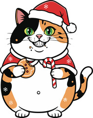 A cute vector illustration of a chubby calico cat dressed in a Santa hat and red cape.