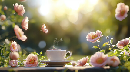 Serene scene featuring cup of steaming tea surrounded by blooming flowers, evoking sense of tranquility and beauty