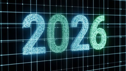 Stunning digital year 2026 glowing numbers materialize over a futuristic data grid for planning future success