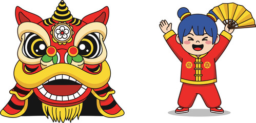 Cute Cartoon Chinese New Year Lion Dance Head with a Happy Girl Holding a Fan, Perfect for Cultural Celebrations, Lunar Holiday, and Asian Festival Graphics.