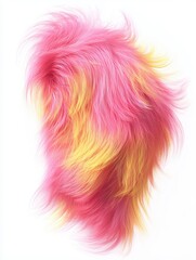 Pink and yellow fluffy fur texture in dynamic organic shape isolated on white background. Soft voluminous strands with long fibers and gradient color transition. 