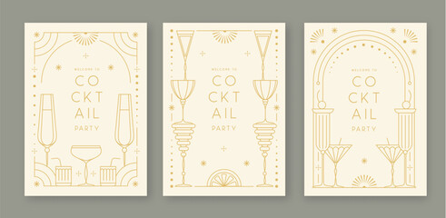 Set of line art retro cocktail party posters with cocktail and champagne glasses. Holiday frames. Vector illustration