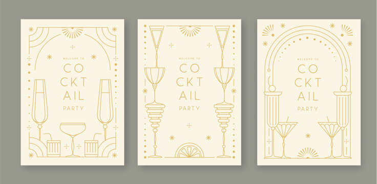 Set of line art retro cocktail party posters with cocktail and champagne glasses. Holiday frames. Vector illustration
