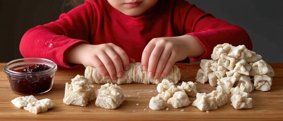 Child prepares dough on a wooden surface while surrounded by small pieces of dough and a bowl of jam during a kitchen activity in daytime