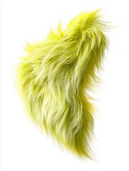 Bright yellow fluffy fur texture with long flowing strands in organic shape isolated on white background. Soft detailed macro close-up with smooth hair fibers 