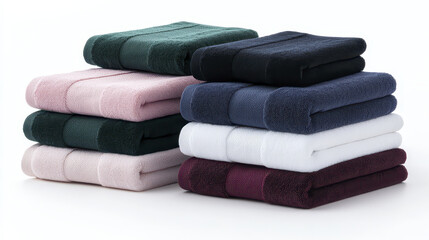 Luxurious towels stacked various colors including green, pink, black, navy, white, and burgundy, showcasing softness