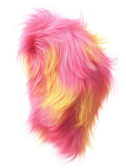 Pink and yellow fluffy fur texture in dynamic organic shape isolated on white background. Soft voluminous strands with long fibers and gradient color transition. 
