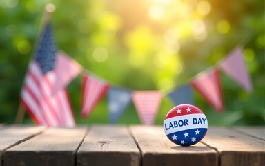 A patriotic Labor Day button rests on a rustic wooden table surrounded by a charming bunting of American flags in a sunny outdoor setting with soft natural light and a blurred green AI Generative