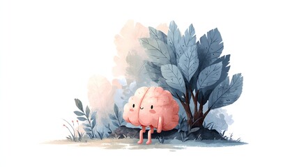 Cute Relaxing Brain Character Sitting in Nature — Mental Health and Mindfulness Concept Illustration