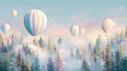 Obraz premium Colorful Hot Air Balloons Floating Over Misty Forest Landscape