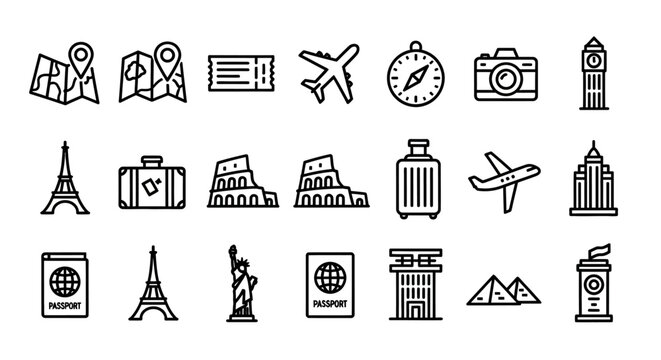 Hand-drawn travel icon set featuring landmarks, transportation, and essentials in a sketchy line art style.
