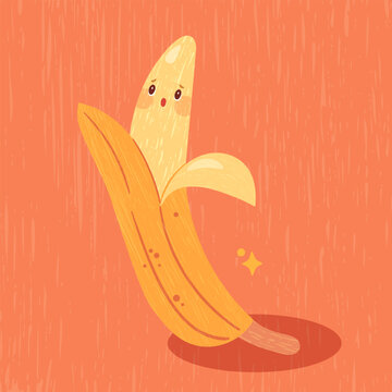 Playful banana on a textured background in a warm cheerfull style. Bright, cheerful and fun illustration perfect for food themes, packaging, decor and kids&rsquo; designs.