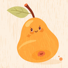 Charming pear on a textured background in a warm cheerfull style. Soft, sweet and friendly illustration perfect for food projects, packaging and cozy decorative themes.