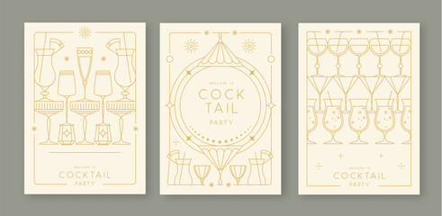 Set of line art retro cocktail party posters with cocktail and champagne glasses. Holiday frames. Vector illustration © annbozhko