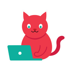 Cute Cat Using Small Laptop in Clean Simple Modern Office Style