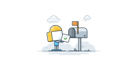 Person holds letter while standing next to mailbox with flag raised in a clear sky
