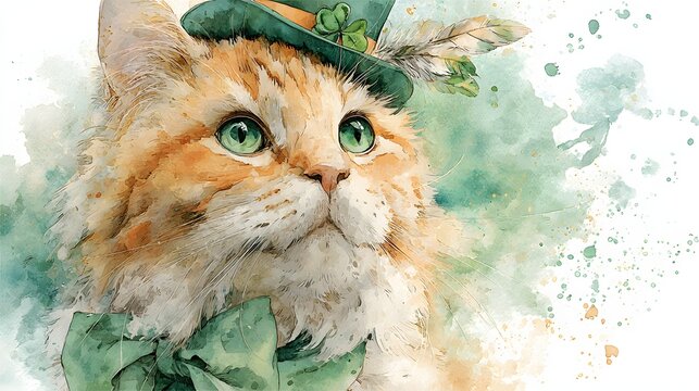 Cute Ginger Cat Wearing Shamrock Hat and Bow Tie &ndash; St. Patrick&rsquo;s Day Festive Pet Portrait in Watercolor Style
