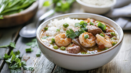 Delicious shrimp and beef stew served with rice, garnished with green onions and fresh herbs, evokes warmth and comfort