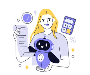 AI budgeting concept. Woman holding receipt and managing home finances with the help of robot assistant. Expense management, tracking tools. Vector outline illustration.