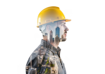 Double exposure portrait of a construction worker wearing a yellow hard hat with a cityscape overlay isolated on transparent background