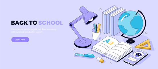 Back to school isometric illustration with study books, desk lamp, globe, pens and pencils. AI learning assistant, digital education concept vector.