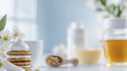 Delightful arrangement of cookies topped with cream, surrounded by flowers and beauty products, evoking sense of tranquility