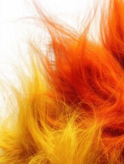 Close-up of soft fluffy fur texture in vivid orange and yellow tones with long flowing strands and natural gradient, isolated on white background, macro 3D render.
