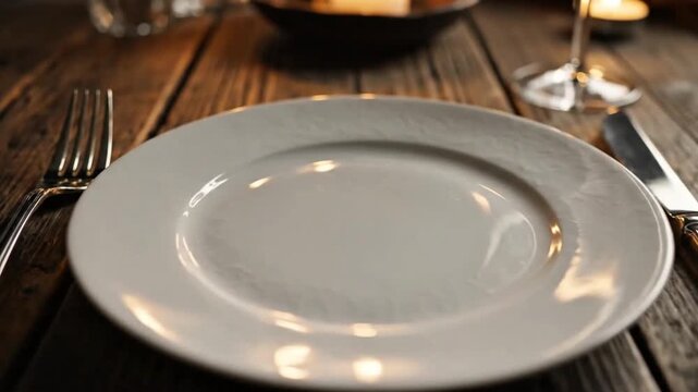 Elegant Fine Dining Table Setting - Minimal White Plates Silver Cutlery Candlelight Restaurant Photography
