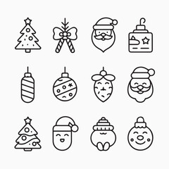 Cute Minimalist Christmas Outline Icon Set - Simple Line Art Vector