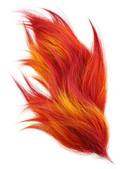 Fluffy fur organic shape in vivid orange and yellow tones isolated on white background. Realistic soft faux fur texture with long dynamic strands and gradient fiery coloration..