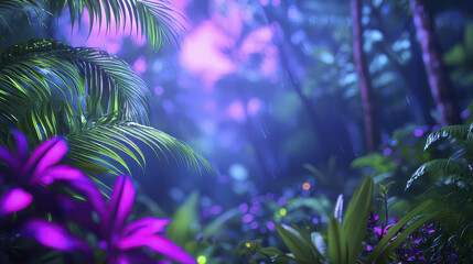 Lush tropical rainforest with vibrant foliage, misty atmosphere, and soft light creating serene and enchanting scene