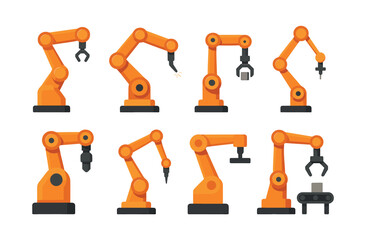 Robotic arm designs, mechanical automation in factories, flat vector illustration