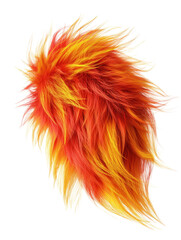 Fluffy fur organic shape in vivid orange and yellow tones isolated on white background. Realistic soft faux fur texture with long dynamic strands and gradient fiery coloration..