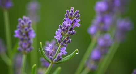Obraz premium Lavender Bloom with Dew Drops: A Close-Up of Floral Beauty in Soft Light