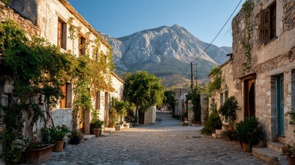 Mountain village street at golden hour