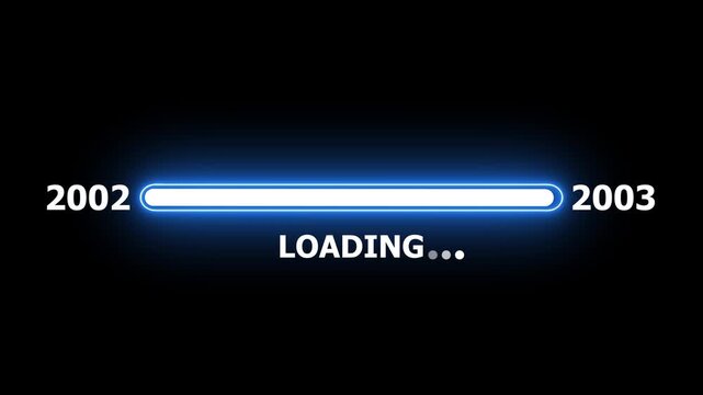 New year 2003 loading bar animation Year changing from 2002 to 2003. Loading bar from 2002 to 2003 new year transfer animation. Almost reaching New Year on black background.
