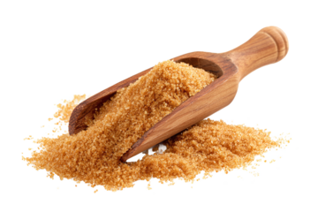 Brown sugar in a wooden scoop isolated on transparent background