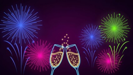 Champagne Glasses Toasting with Fireworks in Night Sky Celebration.
