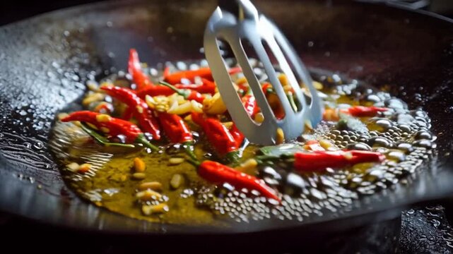 sizzling garlic and chilies in hot wok