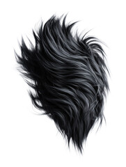 Fluffy black fur organic shape isolated on white background. Realistic soft faux fur texture with long flowing strands and natural volume for modern abstract design..