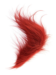 Smooth fluffy organic form with long flowing fur strands in vivid red color, isolated on white background. Soft synthetic texture with dynamic curved motion and light transparency..