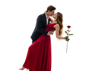 Stylish couple shares a passionate kiss while embracing elegantly holding a single red rose symbolizing deep love and romantic affection