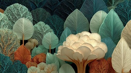 Elegant Ginkgo Leaves Line Art in Green Tones &mdash; Botanical Abstract Background
