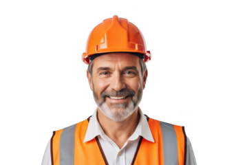 Portrait of a smiling middle aged man wearing an orange hard hat and high visibility vest isolated on transparent background