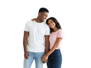Obraz premium Happy young African American couple standing close, embracing affectionately and holding hands, radiating pure joy and a strong loving bond together against a solid black background