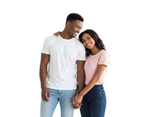 Happy young African American couple standing close, embracing affectionately and holding hands, radiating pure joy and a strong loving bond together against a solid black background